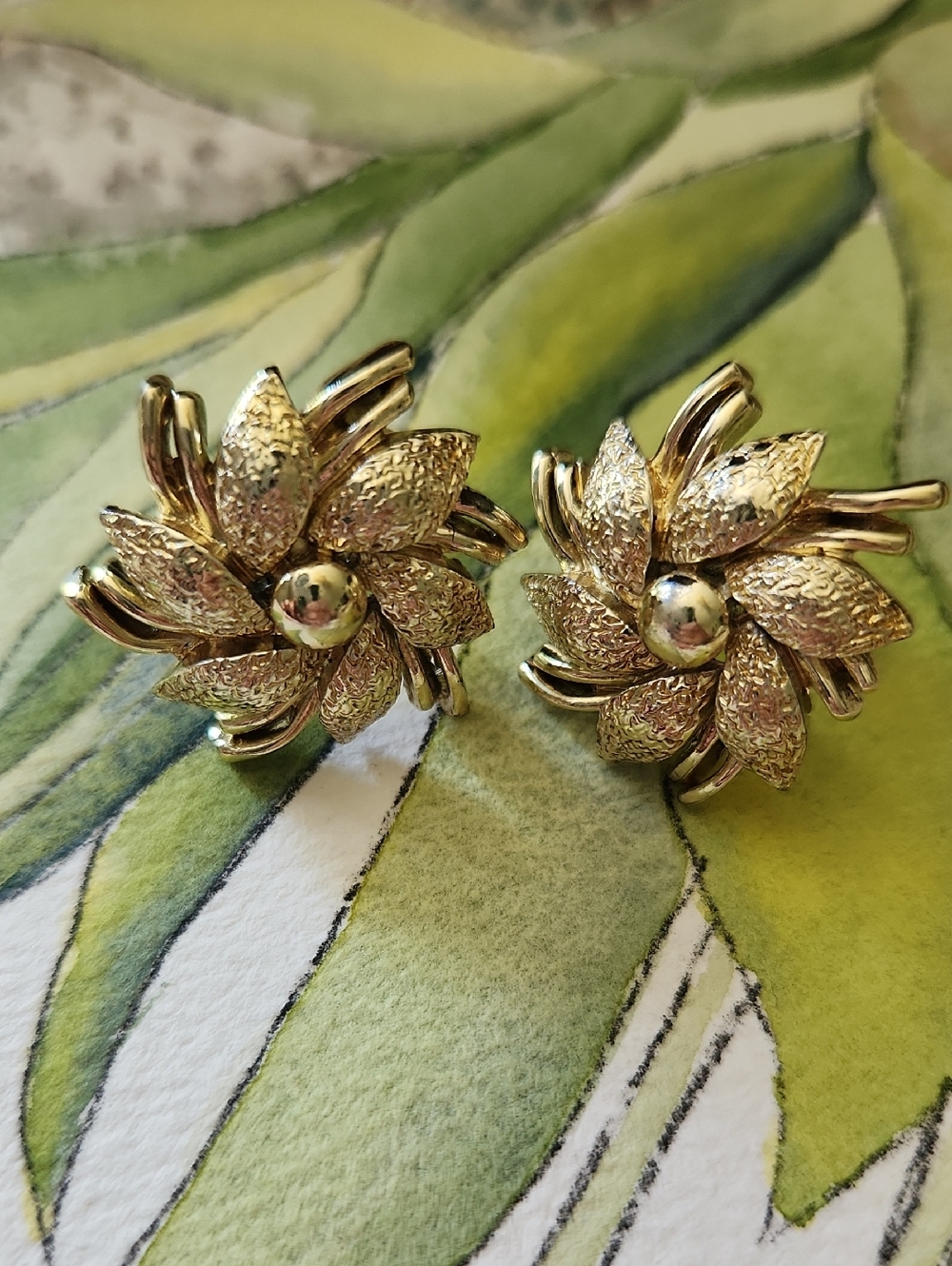 Vintage Coro Gold Tone Floral Pinwheel Clip-On Earrings